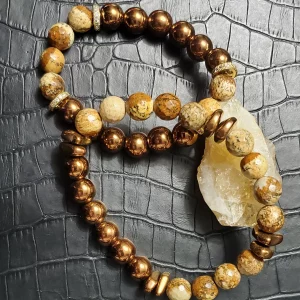 (His) Hematite and Wood Jasper (Her's) Hematite and Wood Jasper with Gold Pave