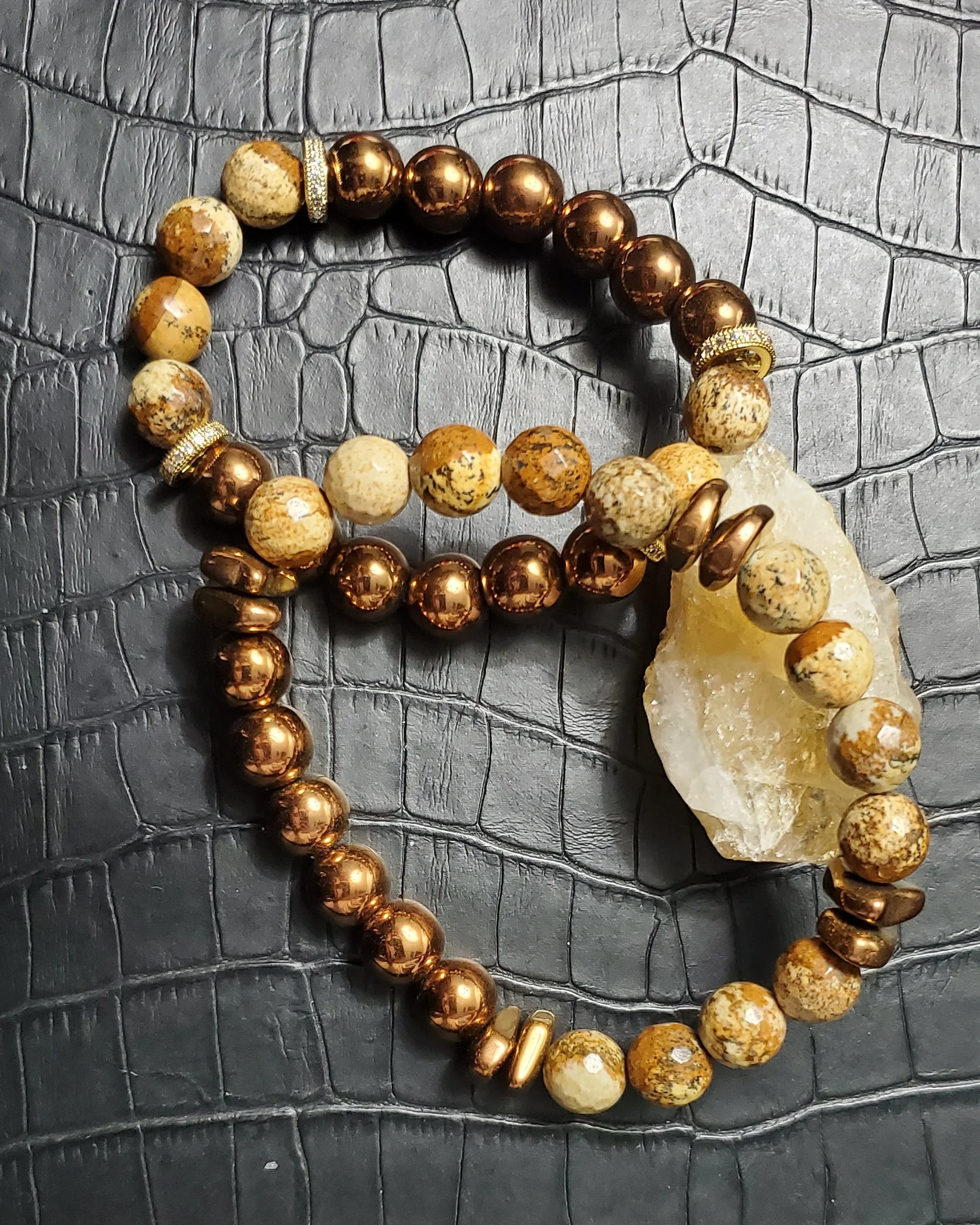 (His) Hematite and Wood Jasper (Her's) Hematite and Wood Jasper with Gold Pave